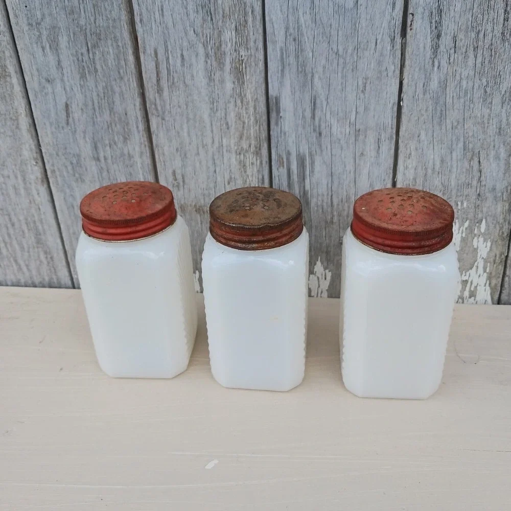 Vintage Milk‎ Glass Spice Shakers Set of 3 White Red Lids Farmhouse